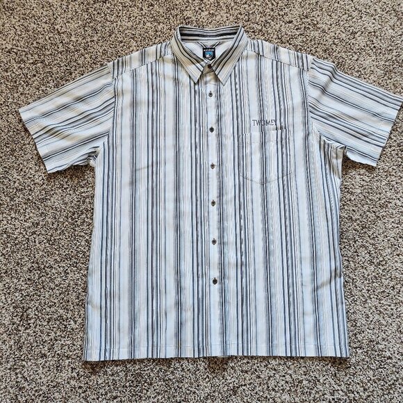 Kuhl Button Up Shirt Mens XL Grey/Blue Stripe Short Sleeve Organic Cotton Blend - Picture 1 of 6